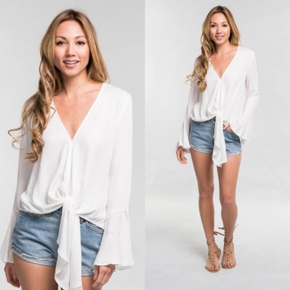 Glamvault Tops - Off White Tie Front Bell Sleeve Top